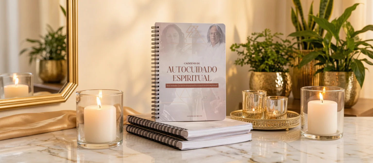 Caderno de Autocuidado Espiritual sobre penteadeira de mármore, com espelho, velas e plantas