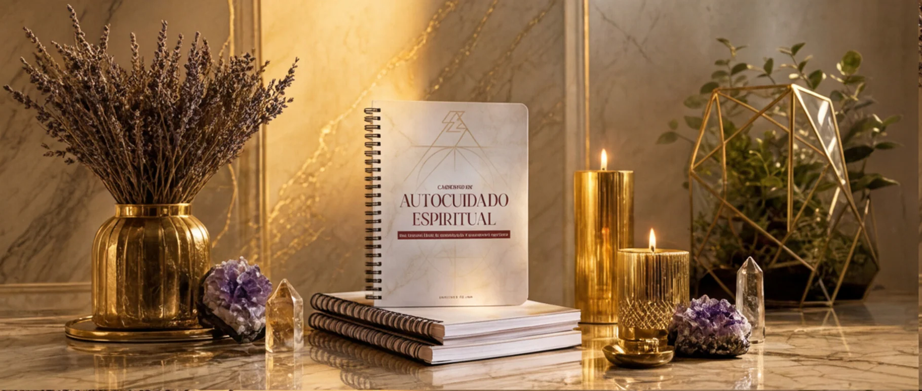 Caderno de Autocuidado em ambiente de mármore com lavanda seca e velas douradas