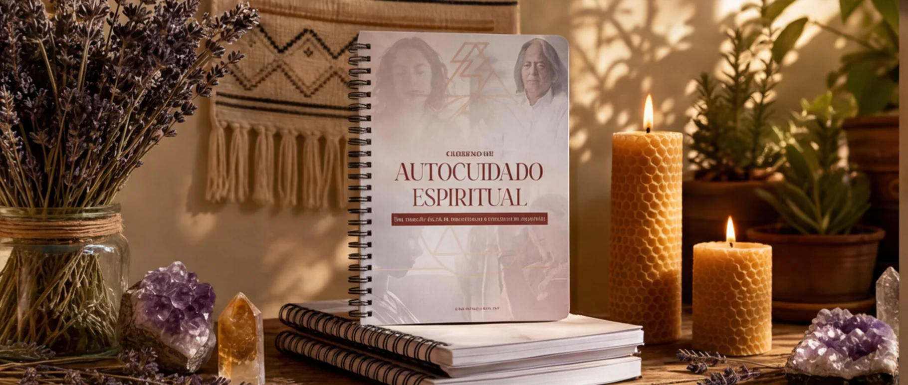 Caderno de Autocuidado em mesa de madeira rústica com lavanda, velas de cera e cristais