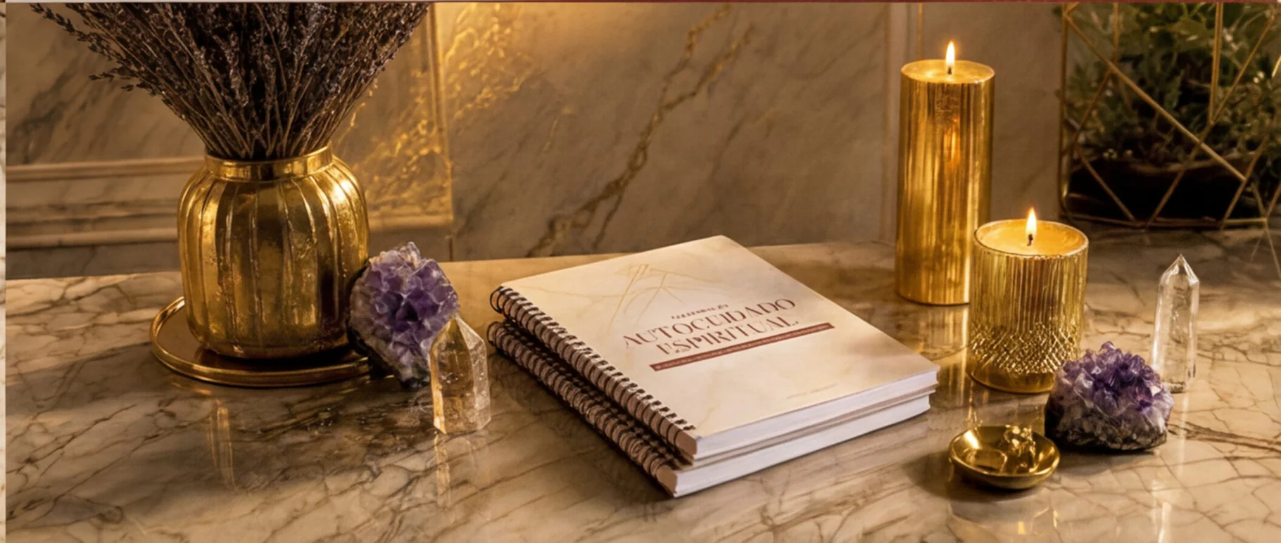Caderno de Autocuidado sobre mármore, entre velas douradas, ametistas e pontas de quartzo